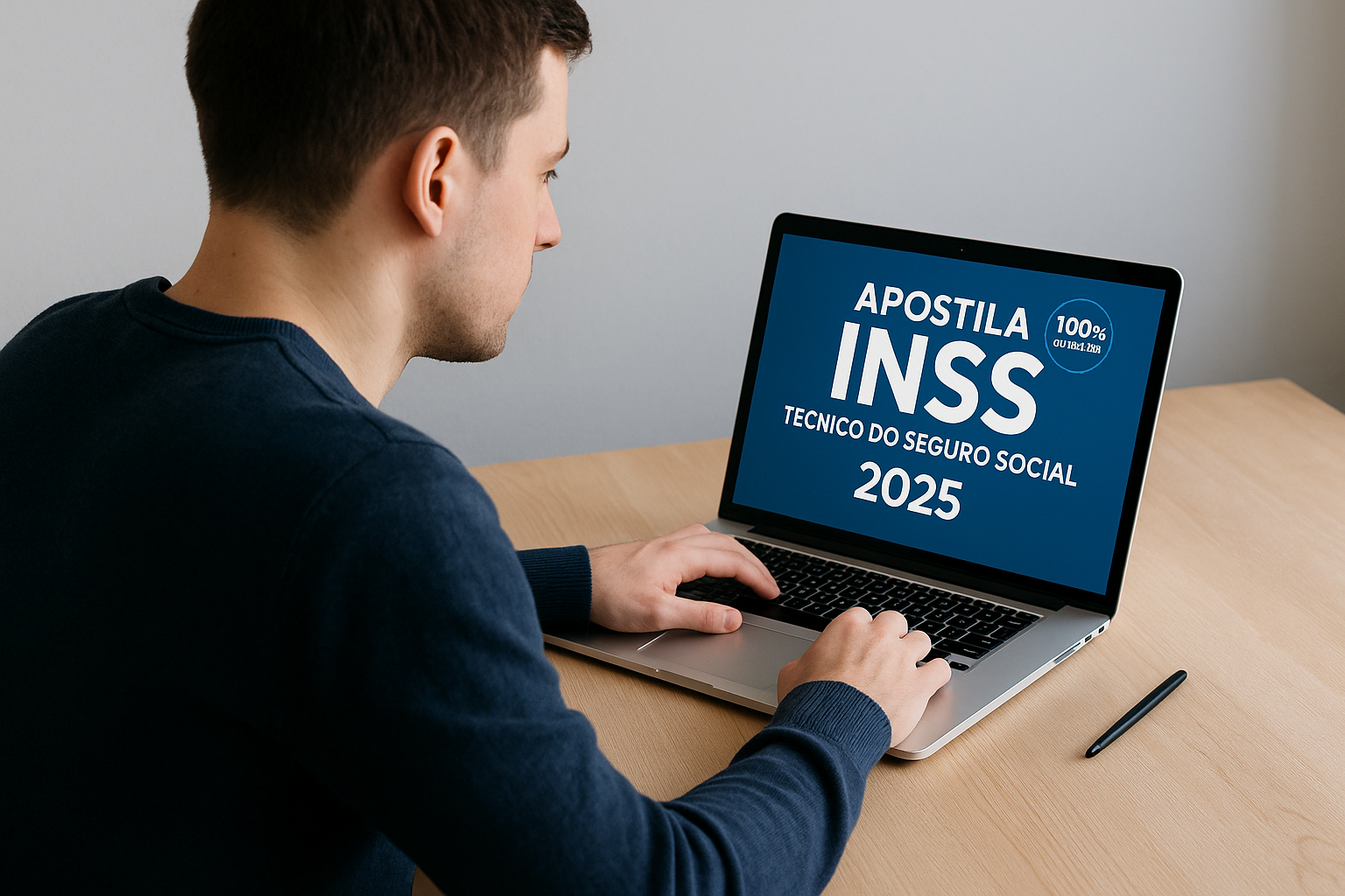 Estudante estudando com a Apostila INSS Técnico do Seguro Social no notebook