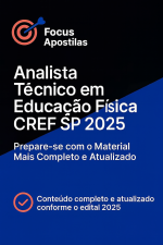 Imagem promocional da apostila digital para o concurso CREF SP 2026, cargo de Analista Técnico em Educação Física. Design com fundo escuro, texto em destaque e selo de conteúdo conforme o edital oficial