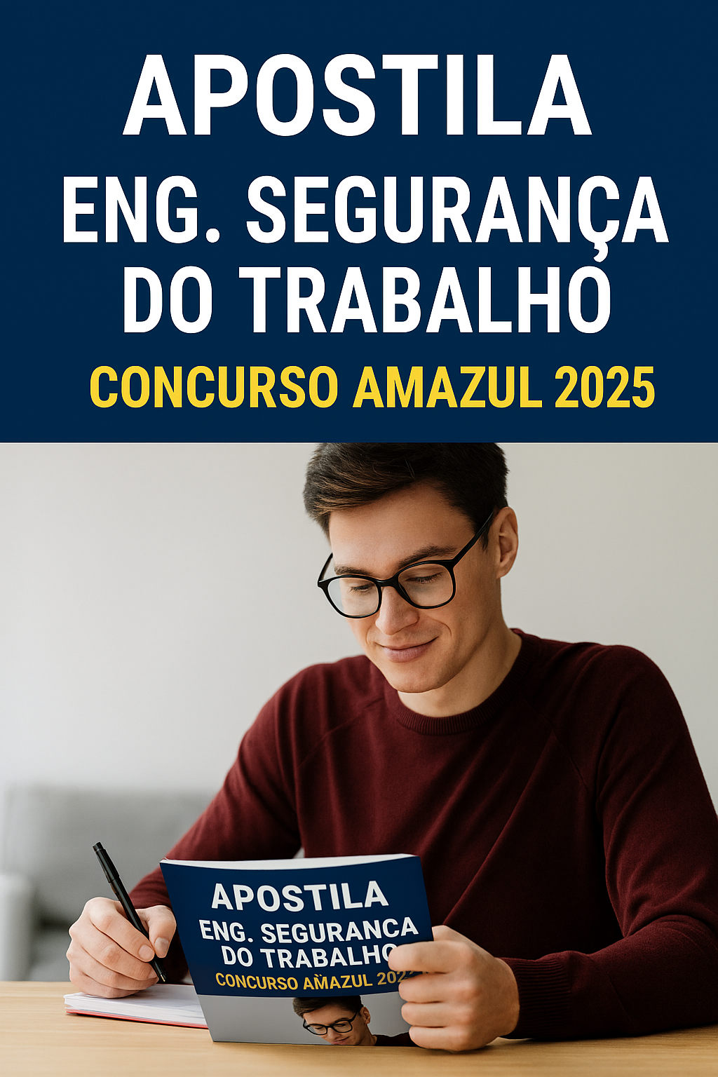 Estudante lendo a Apostila Engenheiro de Segurança do Trabalho concurso AMAZUL 2025 em mesa de estudo, com caneta e material de apoio.