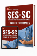 Capa da Apostila Técnico em Enfermagem SES SC 2026 em PDF, elaborada pela Focus Apostilas conforme o edital do Instituto AOCP.
