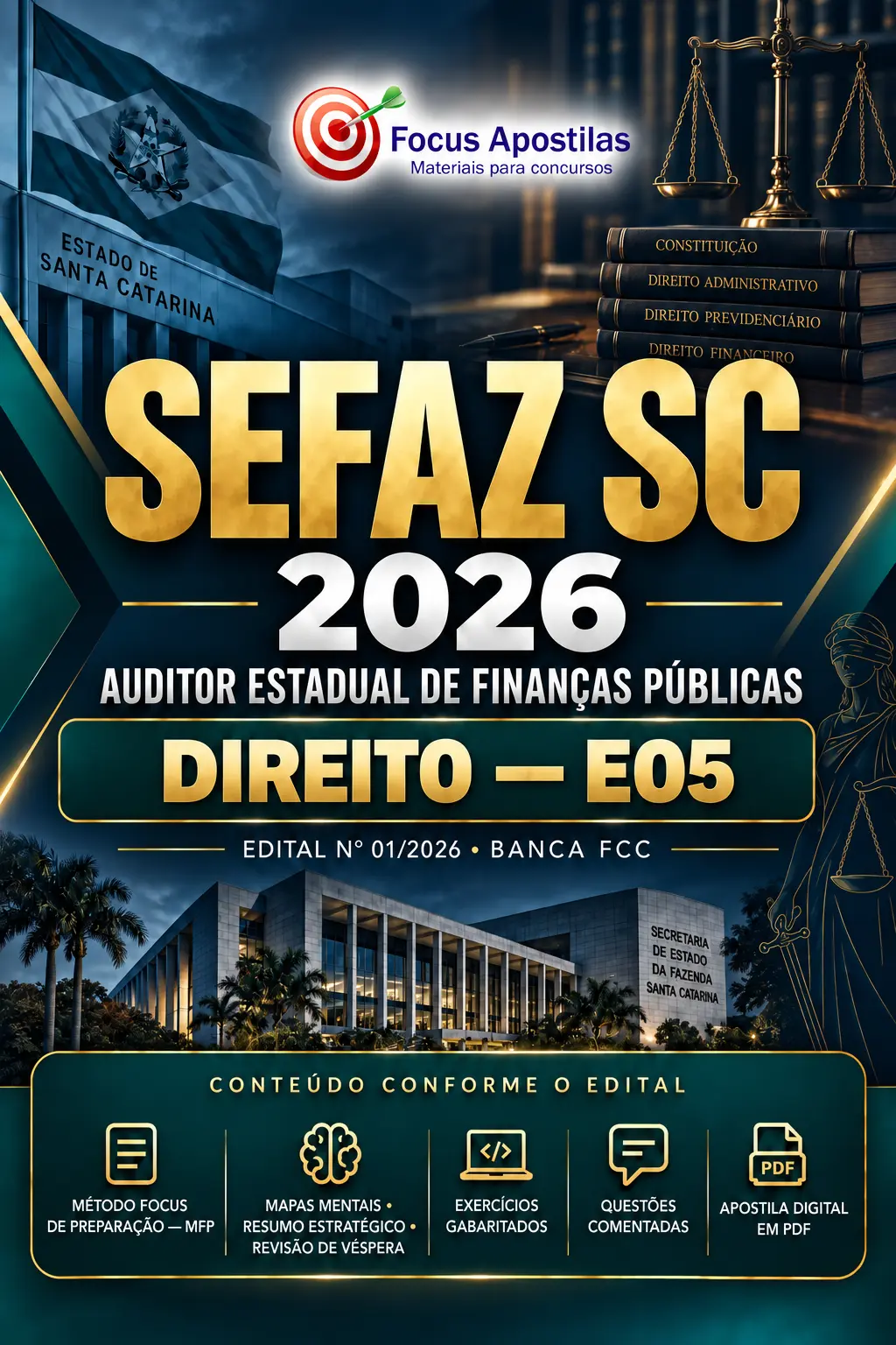 Apostila SEFAZ SC 2026 – Direito – Auditor Estadual de Finanças Públicas – E05 1 Capa da Apostila SEFAZ SC 2026 para Auditor Estadual de Finanças Públicas, opção E05 Direito, da Focus Apostilas, com Método Focus de Preparação.